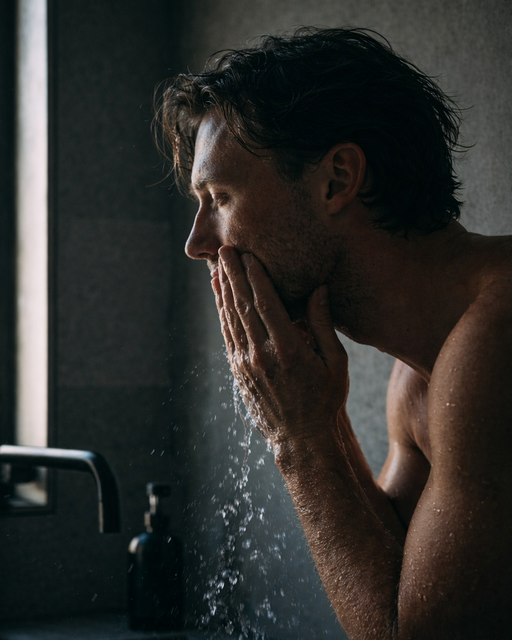 Man tvättar ansiktet inomhus